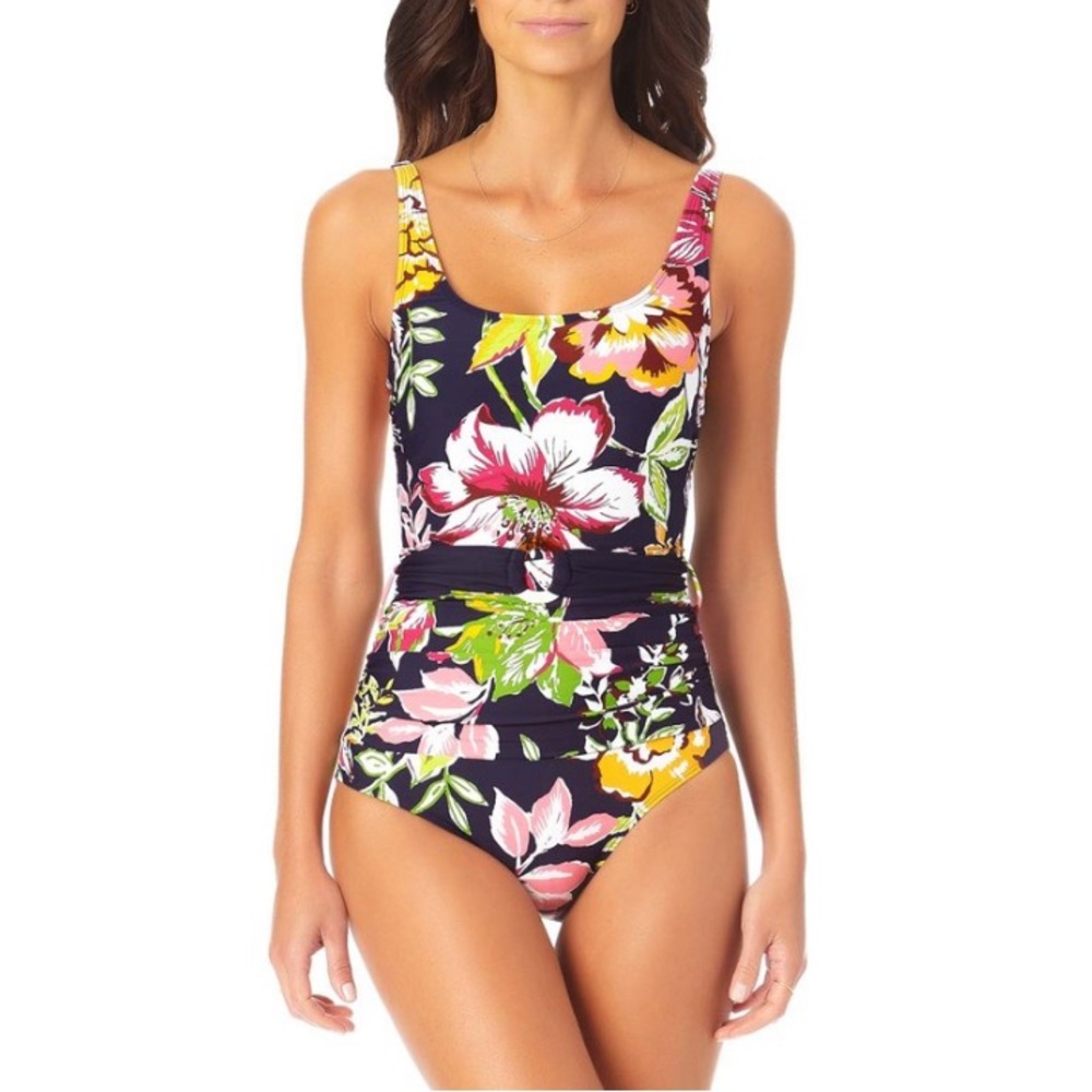 Anne Cole Blue and Green One Piece Swimsuit Tropical Design